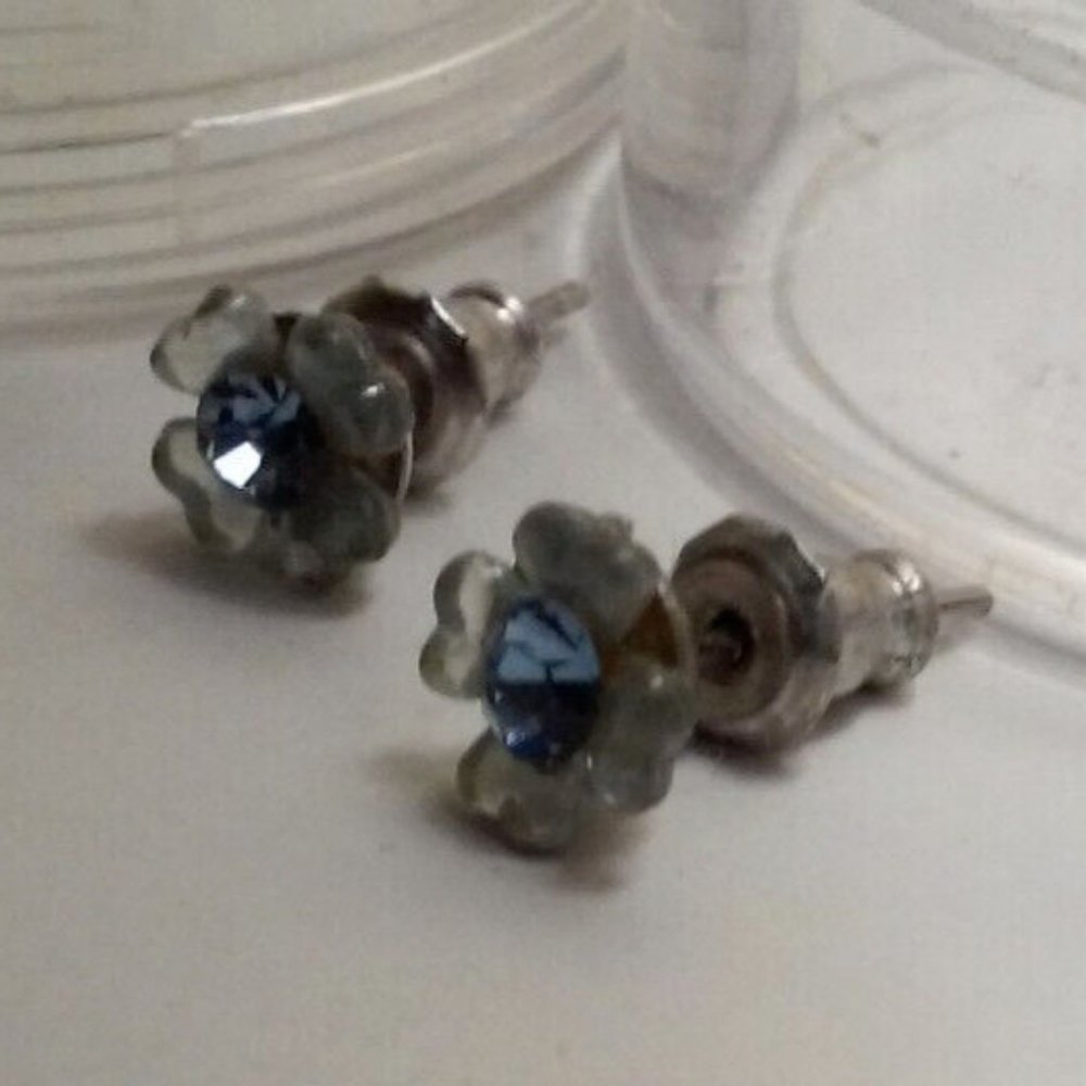 Stud Pierced Earrings Light Blue With Petals 1/2" Long In Plastic Container